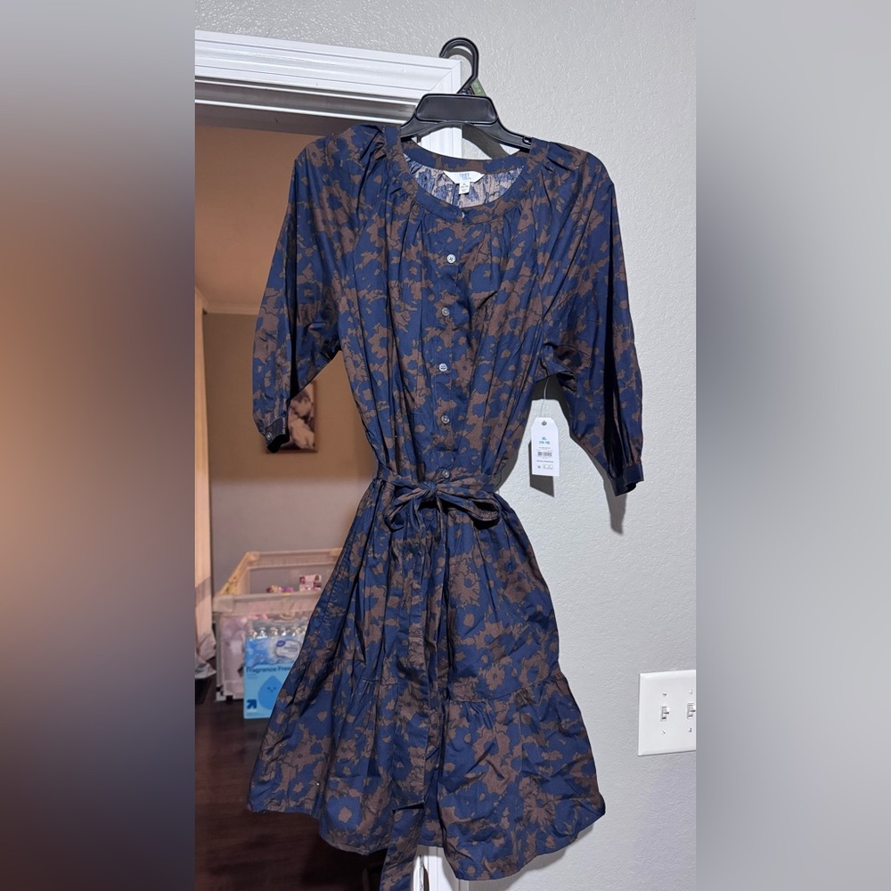 Time and Tru Navy Blue and Brown Floral Button-Front Dress
